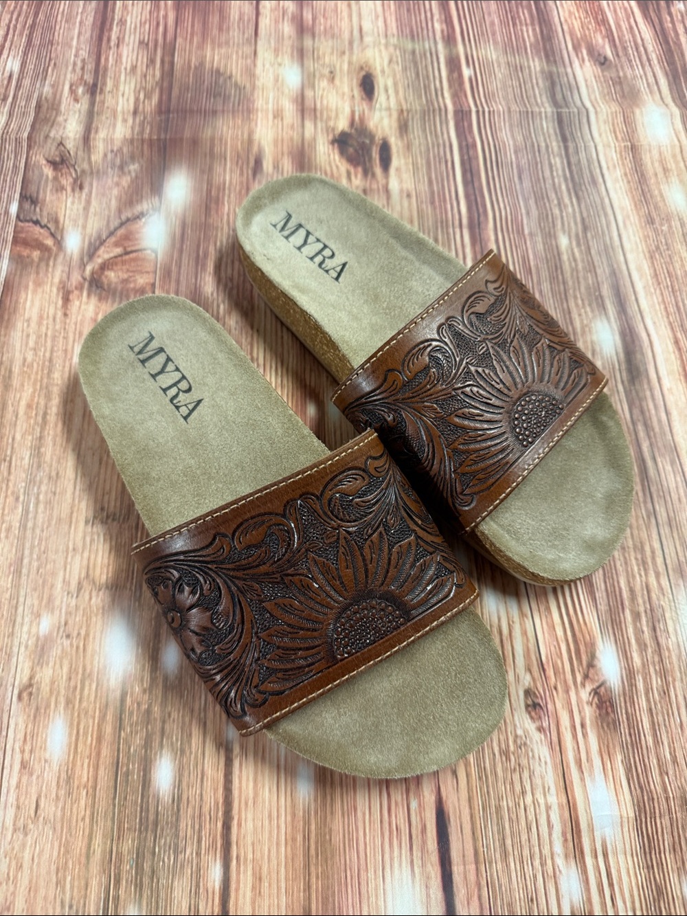 Myra Brown Tooled Leather Slide Sandals